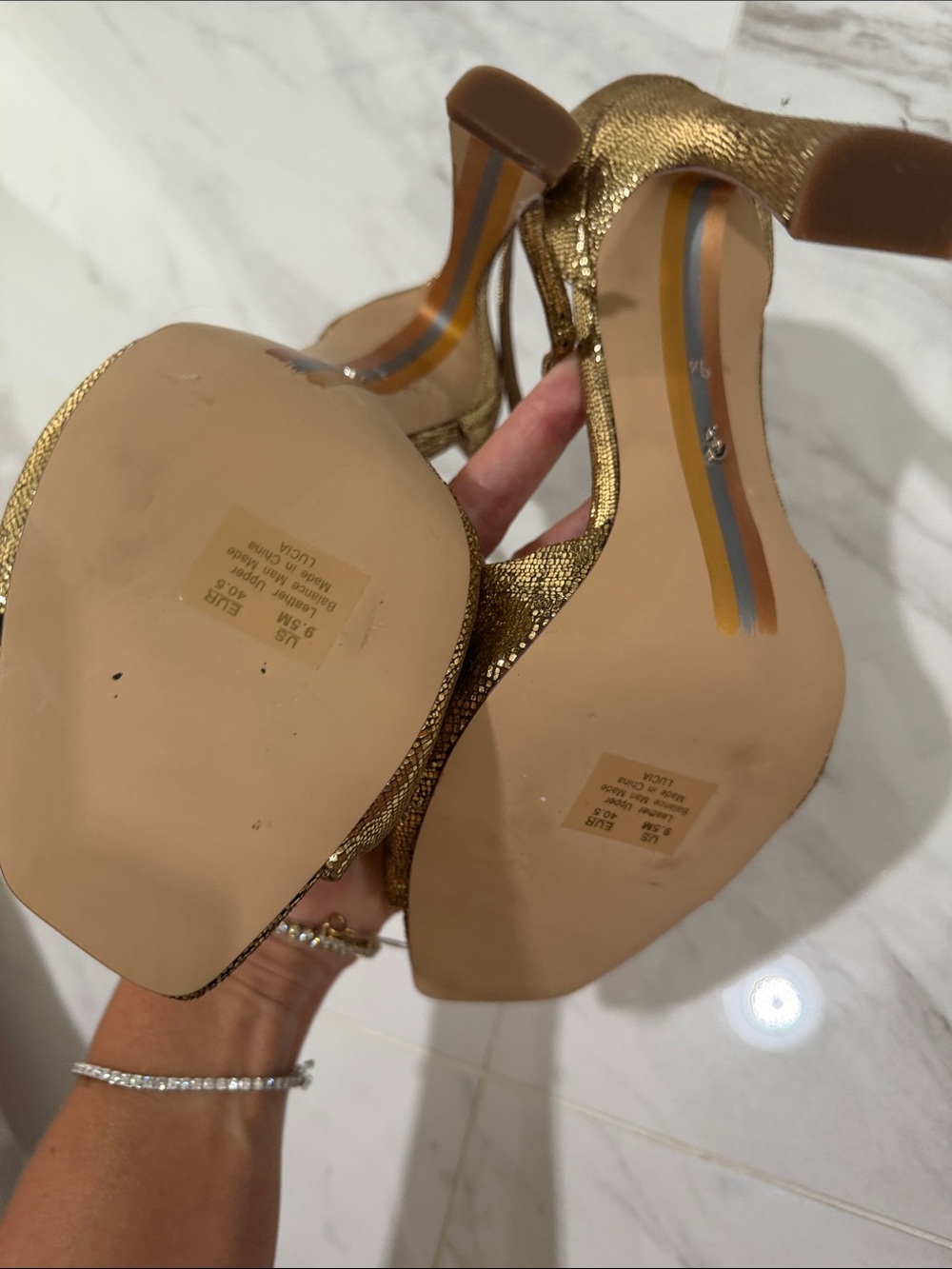 Sam Edelman Metallic Gold Knot Front Block Heel Sandals - Picture 5 of 5